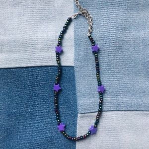 Handmade Beaded Holographic/Purple Stars Necklace